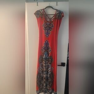 Bailey Blue Vibrant Red Maxi Dress with Blue Accents